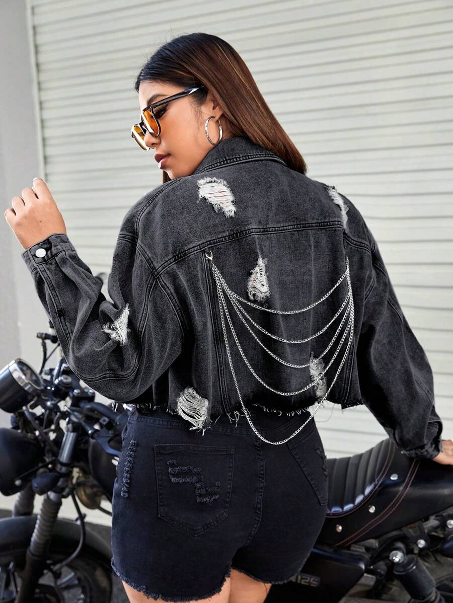SHEIN ICON 大碼鏈條細節破洞毛邊牛仔夾克 - 深灰色 - 查看 1
