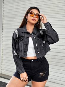 SHEIN ICON 大碼鏈條細節破洞毛邊牛仔夾克 - 深灰色 - 查看 3