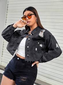 SHEIN ICON 大碼鏈條細節破洞毛邊牛仔夾克 - 深灰色 - 查看 4