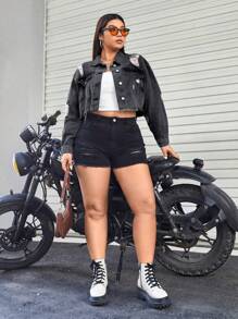 SHEIN ICON 大碼鏈條細節破洞毛邊牛仔夾克 - 深灰色 - 查看 5