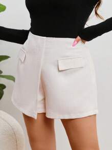 SHEIN Essnce Plus High Waist Flap Detail Shorts - White - View 5