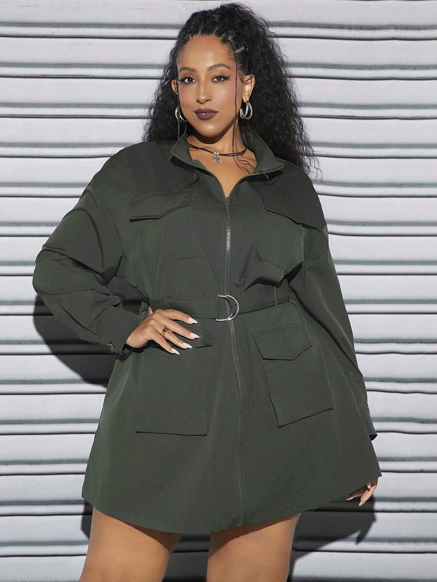 SHEIN CURVE+ Plus Flap Pocket Drop Shoulder Belted Dress - Dark Green - View 1