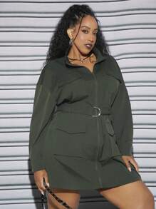 SHEIN CURVE+ Plus Flap Pocket Drop Shoulder Belted Dress - Dark Green - View 3