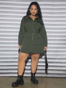 SHEIN CURVE+ Plus Flap Pocket Drop Shoulder Belted Dress - Dark Green - View 6