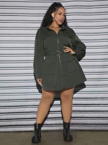 SHEIN CURVE+ Plus Flap Pocket Drop Shoulder Belted Dress - Dark Green - View 7