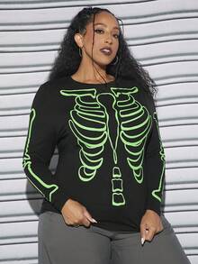 SHEIN CURVE+ Talla grande Camiseta Halloween estampado de esqueleto - Negro - Ver 4
