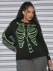 SHEIN CURVE+ Talla grande Camiseta Halloween estampado de esqueleto - Negro - Ver 5
