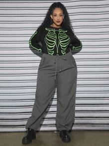 SHEIN CURVE+ Talla grande Camiseta Halloween estampado de esqueleto - Negro - Ver 6