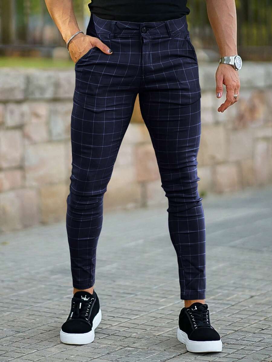 Men Plaid Print Slant Pocket Skinny Pants - Violet Purple - View 1