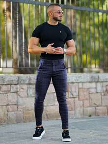 Men Plaid Print Slant Pocket Skinny Pants - Violet Purple - View 3