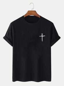 男士大码圖案印花T恤 - 黑色 - 查看 3