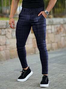 Men Plaid Print Slant Pocket Skinny Pants - Violet Purple - View 4