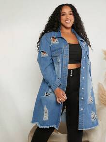 SHEIN CURVE+ Plus 1pc Ripped Raw Cut Denim Jacket - Medium Wash - View 1