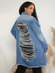 SHEIN CURVE+ Plus 1pc Ripped Raw Cut Denim Jacket - Medium Wash - View 2