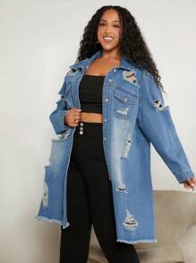 SHEIN CURVE+ Plus 1pc Ripped Raw Cut Denim Jacket - Medium Wash - View 4