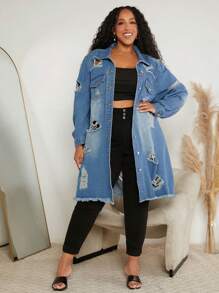 SHEIN CURVE+ Plus 1pc Ripped Raw Cut Denim Jacket - Medium Wash - View 3