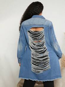 SHEIN CURVE+ Plus 1pc Ripped Raw Cut Denim Jacket - Medium Wash - View 5
