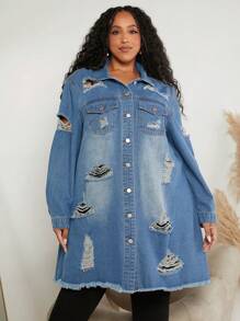 SHEIN CURVE+ Plus 1pc Ripped Raw Cut Denim Jacket - Medium Wash - View 6