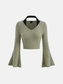 SHEIN Girlism 少女针织毛绒罗纹立领喇叭袖休闲 T 恤 - 薄荷綠 - 查看 1