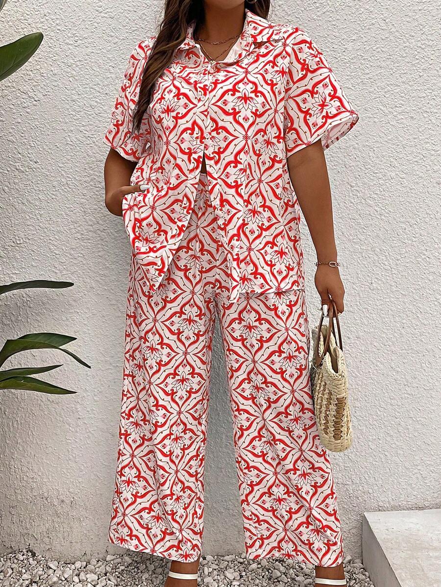 Breezaya Plus Allover Print Shirt & Wide Leg Pants - Multicolor - View 1