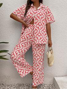 Breezaya Plus Allover Print Shirt & Wide Leg Pants - Multicolor - View 3