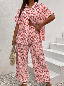 Breezaya Plus Allover Print Shirt & Wide Leg Pants - Multicolor - View 4
