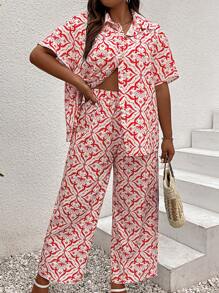 Breezaya Plus Allover Print Shirt & Wide Leg Pants - Multicolor - View 5