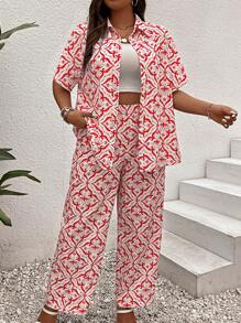 Breezaya Plus Allover Print Shirt & Wide Leg Pants - Multicolor - View 6