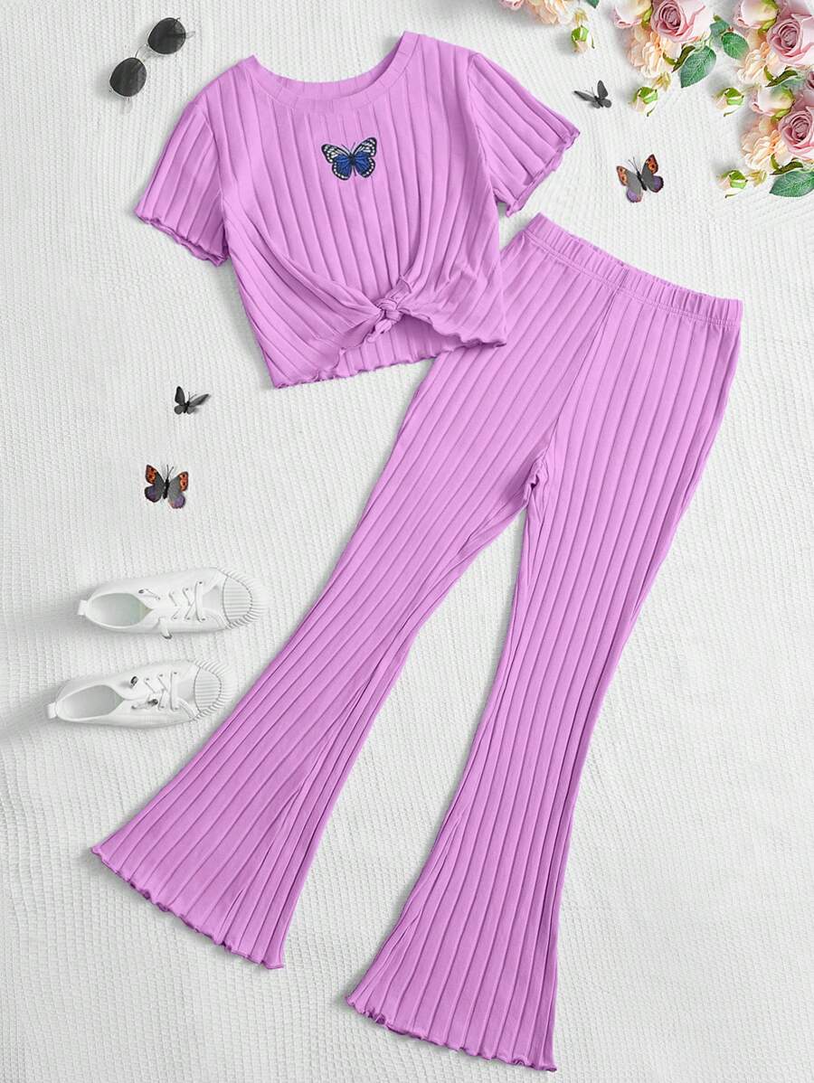 SHEIN Leap Crew Teen Girl Butterfly Embroidery Knot Hem Tee & Flare Leg Pants - Lilac Purple - View 1