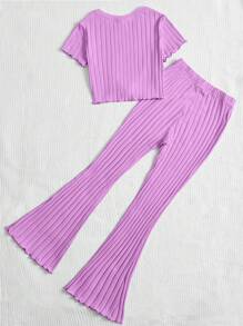 SHEIN Leap Crew Teen Girl Butterfly Embroidery Knot Hem Tee & Flare Leg Pants - Lilac Purple - View 2