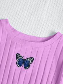SHEIN Leap Crew Teen Girl Butterfly Embroidery Knot Hem Tee & Flare Leg Pants - Lilac Purple - View 3