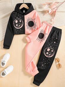 SHEIN 女大童太陽印花雙色連帽衫和運動褲 - 彩色 - 查看 1