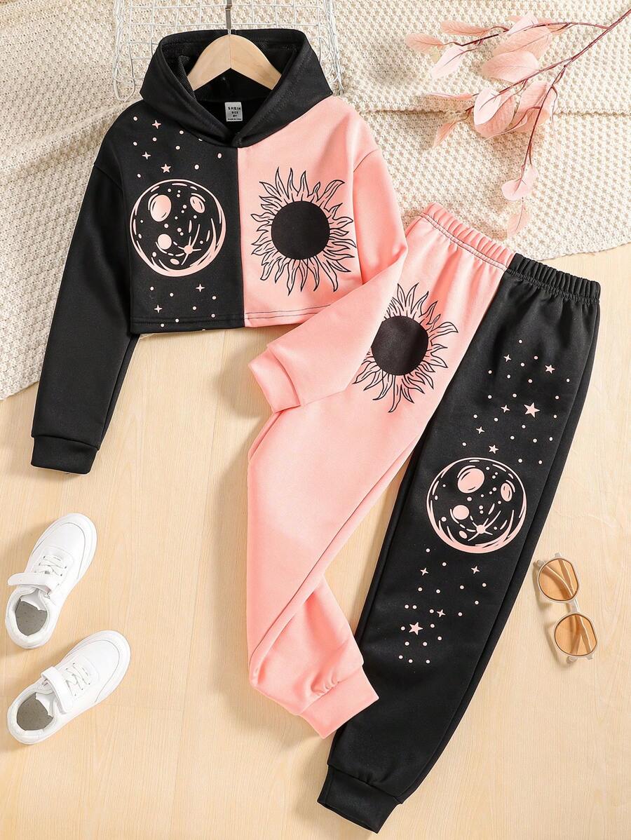 SHEIN 女大童太陽印花雙色連帽衫和運動褲 - 彩色 - 查看 1