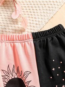 SHEIN 女大童太陽印花雙色連帽衫和運動褲 - 彩色 - 查看 6
