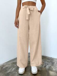 EURMUSE Solid Tie Front Wide Leg Pants - لون مشمشي - مشاهدة 1