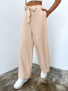 EURMUSE Solid Tie Front Wide Leg Pants - لون مشمشي - مشاهدة 3