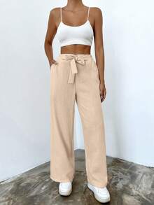 EURMUSE Solid Tie Front Wide Leg Pants - لون مشمشي - مشاهدة 4