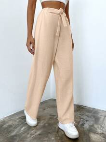 EURMUSE Solid Tie Front Wide Leg Pants - لون مشمشي - مشاهدة 5