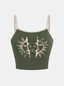 SHEIN 青少年女孩太陽印花撞色滾邊吊帶上衣 - 軍綠色 - 查看 1