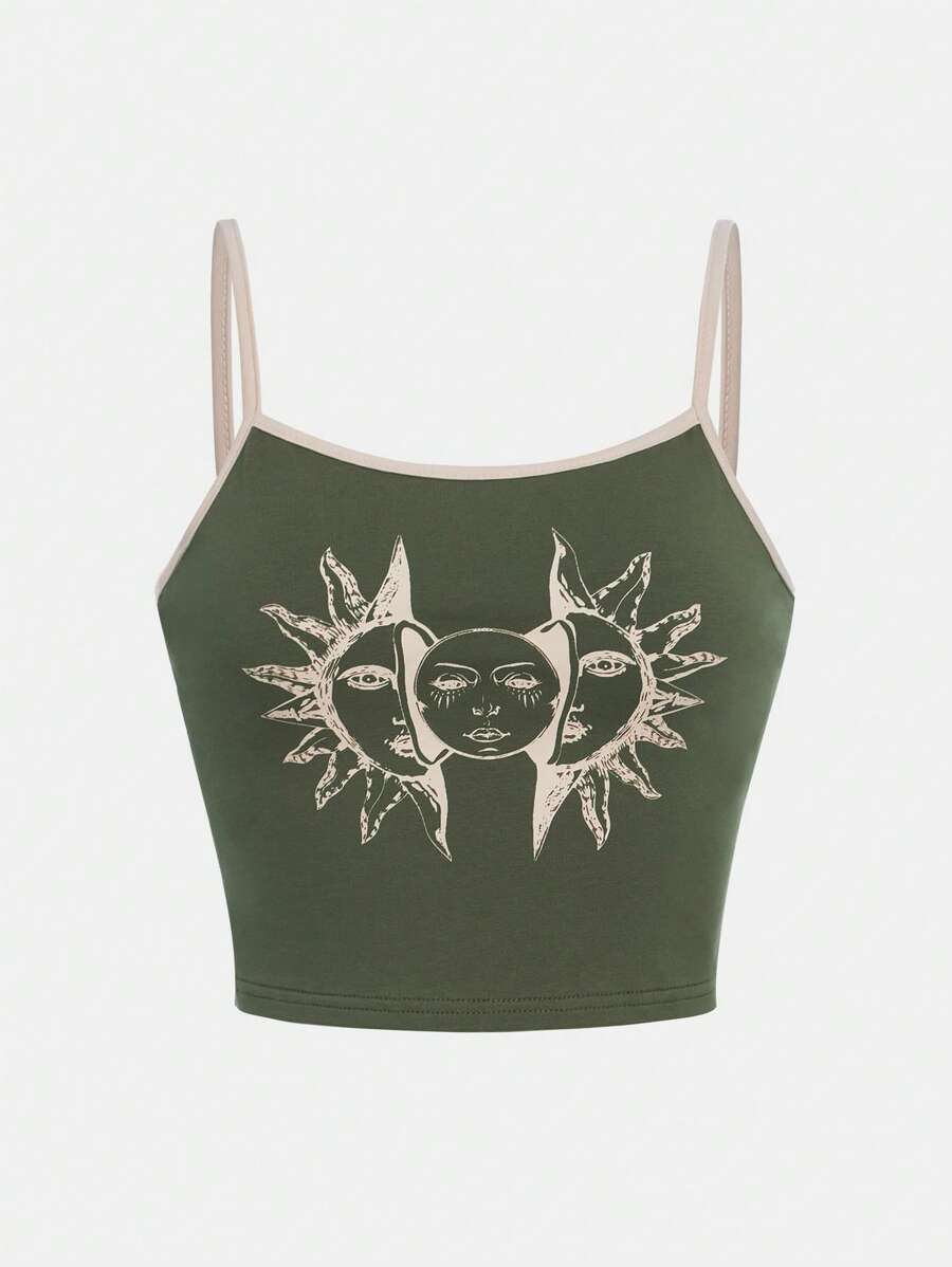 SHEIN 青少年女孩太陽印花撞色滾邊吊帶上衣 - 軍綠色 - 查看 1