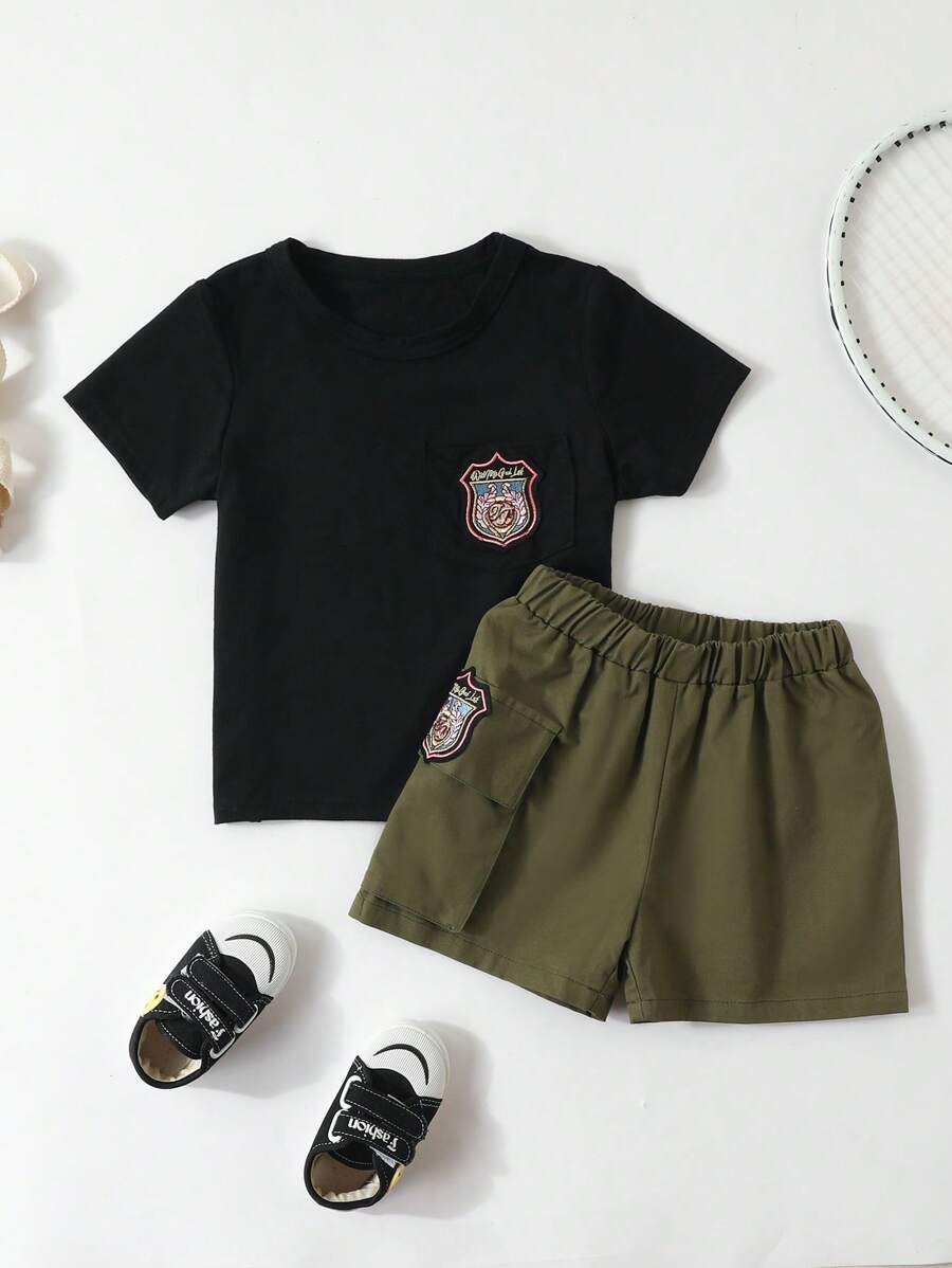 Young Boy Letter Patched Tee & Flap Pocket Shorts - Black - View 1