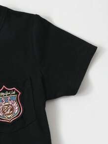 Young Boy Letter Patched Tee & Flap Pocket Shorts - Black - View 4