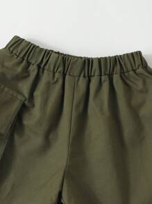 Young Boy Letter Patched Tee & Flap Pocket Shorts - Black - View 5