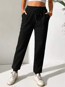 SHEIN Tall Drawstring Waist Slant Pocket Sweatpants Graduation,Back To School Outfits,Graduation,Teacher Outfits For Women,Back To School - Black - View 6