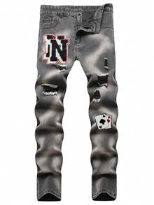 Men Letter Patched Ripped Jeans - Black - View 1
