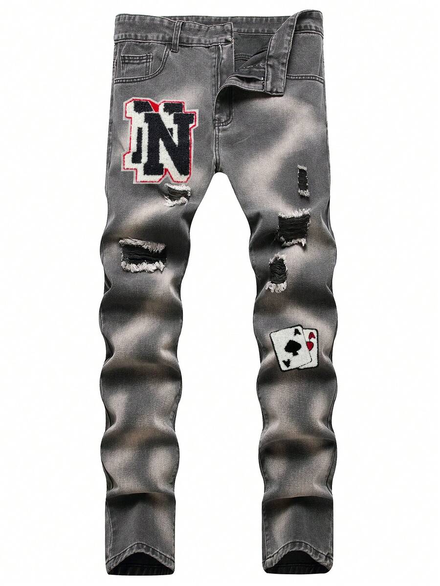 Men Letter Patched Ripped Jeans - Black - View 1