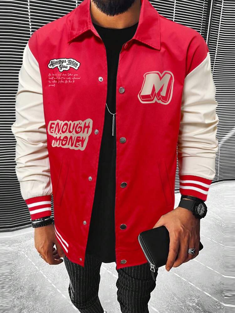 Loose-Fit Men's Letter Graphic Striped Trim Jacket