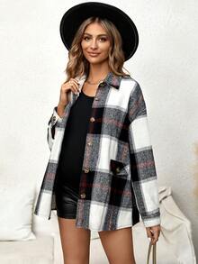 SHEIN Maternity Plaid Print Drop Shoulder Coat - Multicolor - View 3
