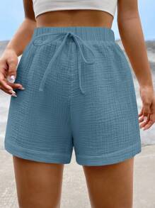 SHEIN EZwear Solid Knot Waist Shorts - Baby Blue - View 1