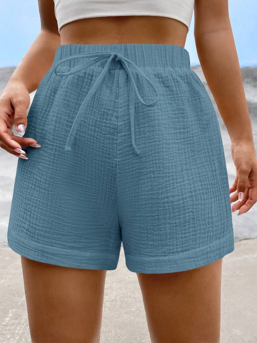 SHEIN EZwear Solid Knot Waist Shorts - Baby Blue - View 1